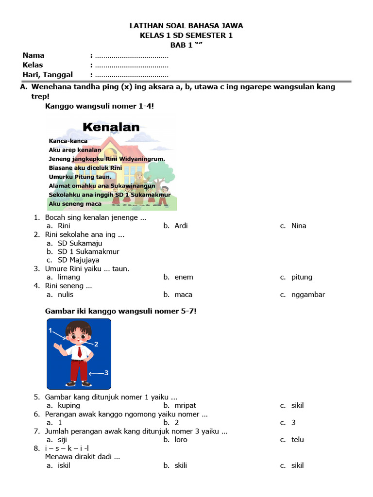 5 Soal Bahasa Jawa Kelas 1 Semester 2 dan Kunci Jawaban yang Wajib Dihafal