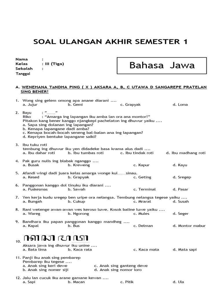 5 Contoh Soal Bahasa Jawa Kelas 3 Semester 2 yang Wajib Dikuasai Sebelum Ulangan 5 Contoh Soal Bahasa Jawa Kelas 3 Semester 2 yang Wajib Dikuasai Sebelum Ulangan