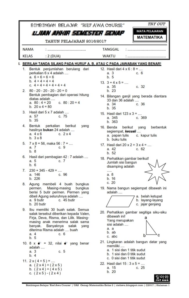 5 Rahasia Soal Matematika Kelas 2 Semester 1 Tematik yang Wajib Diketahui Orang Tua