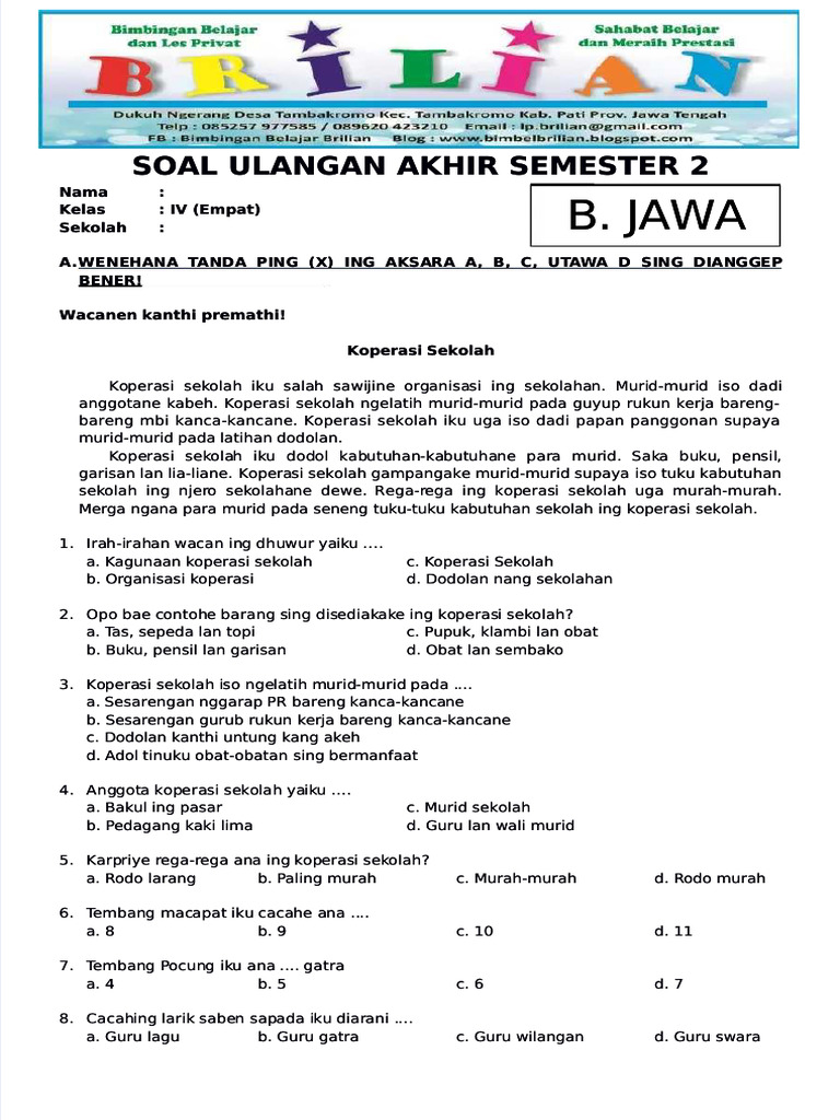 7 Contoh Soal Bahasa Jawa Kelas 4 Semester 2 Jawa Tengah untuk Hadapi Ujian 2026