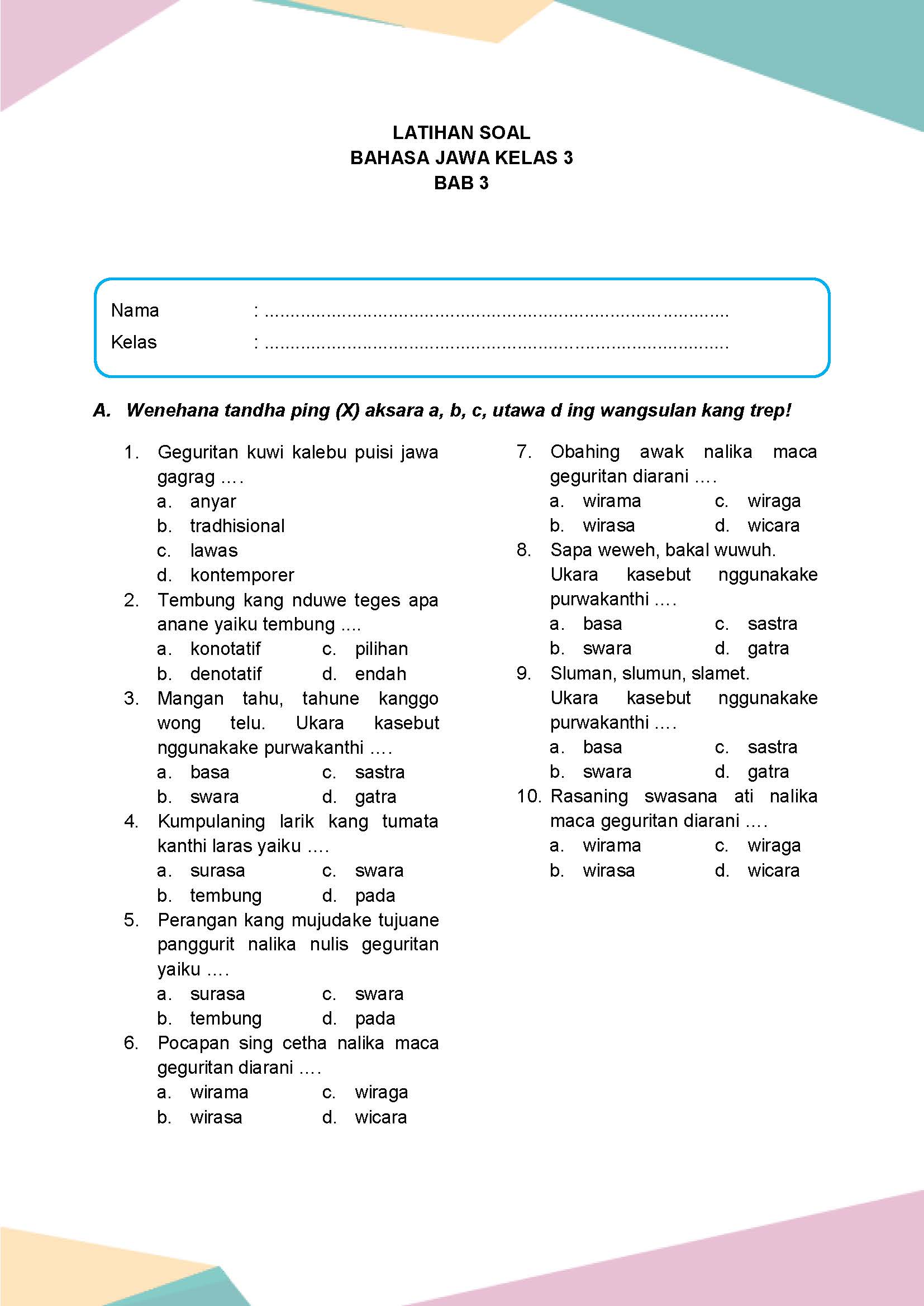soal bahasa jawa kelas 3 sd