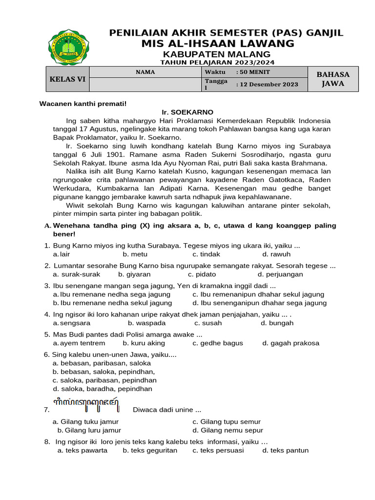 7 Rahasia Soal Bahasa Jawa Kelas 6 Semester 1 yang Wajib Kamu Download Sekarang