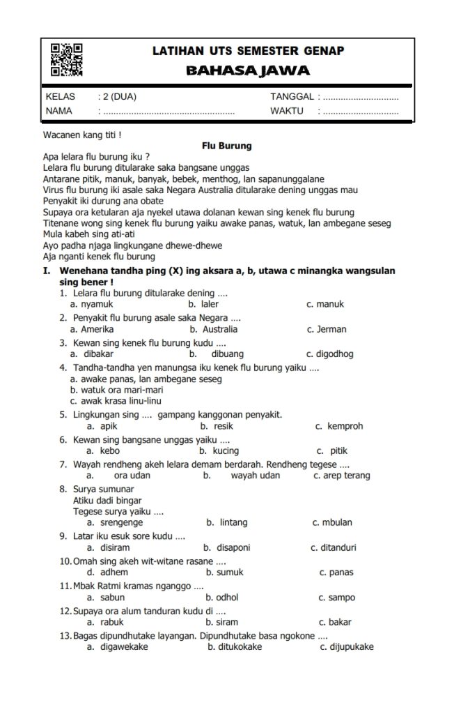 7 Contoh Soal Bahasa Jawa Kelas 10 Semester 2 Beserta Jawabannya yang Wajib Kamu Pelajari Sebelum Ulangan