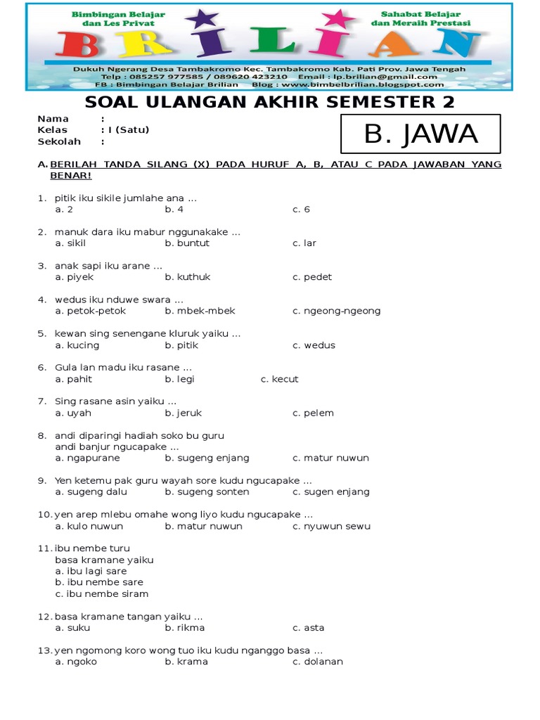 Soal UAS Bahasa Jawa Kelas 1 Semester 2 PDF Soal UAS Bahasa Jawa Kelas 1 Semester 2 PDF