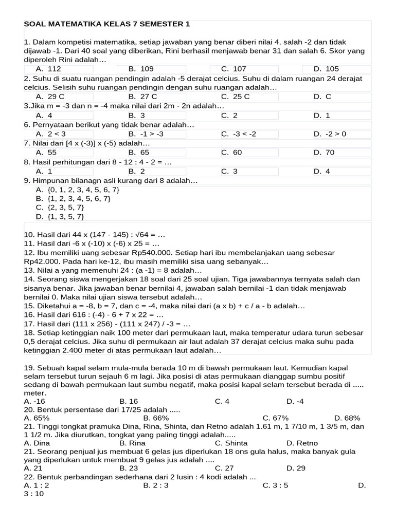 Contoh Soal Mid Semester 1 Kelas 7 Matematika Kurikulum 2013 Bikin Nilai Naik Akhirnya