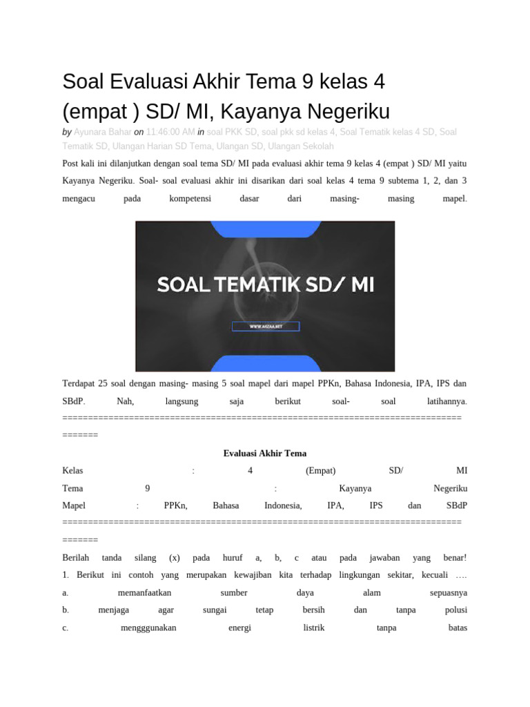 Kumpulan Soal Tema 9 Kelas 4 Terbaru 2026 Lengkap dengan Kunci Jawaban dan Pembahasan Mudah Dipahami