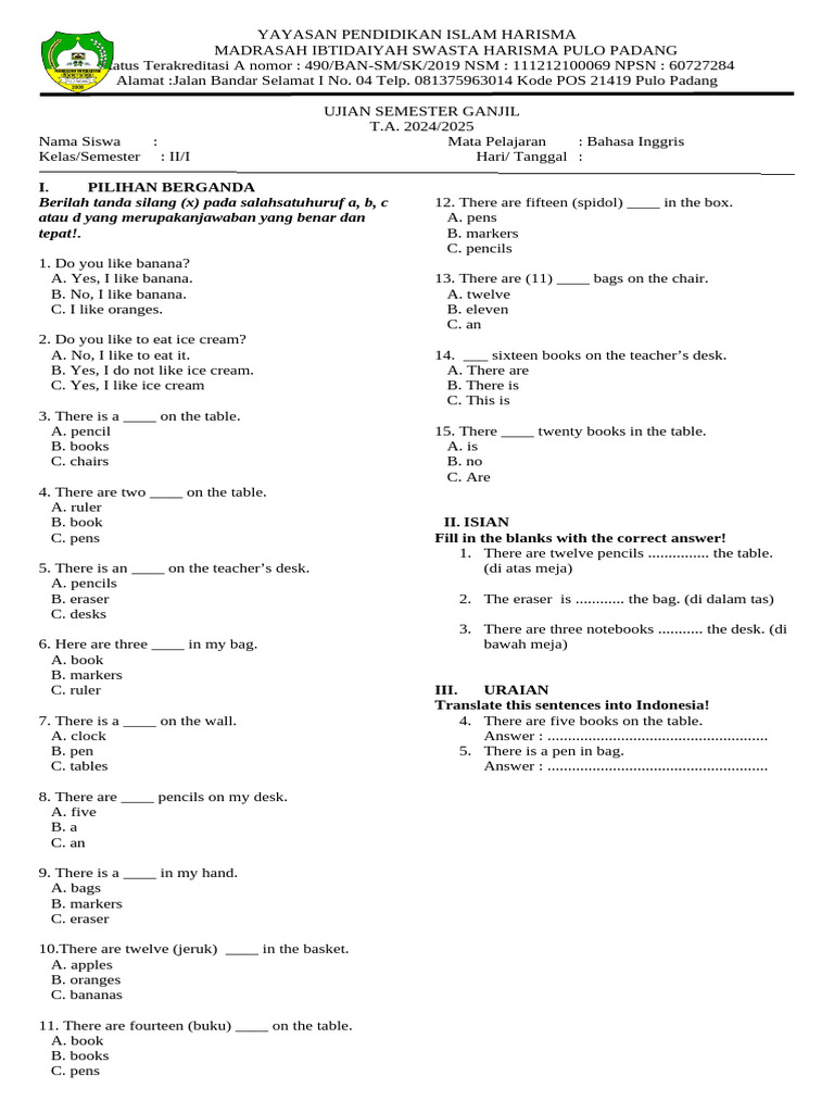 Soal Ujian Bahasa Inggris Kelas II PDF Soal Ujian Bahasa Inggris Kelas II PDF
