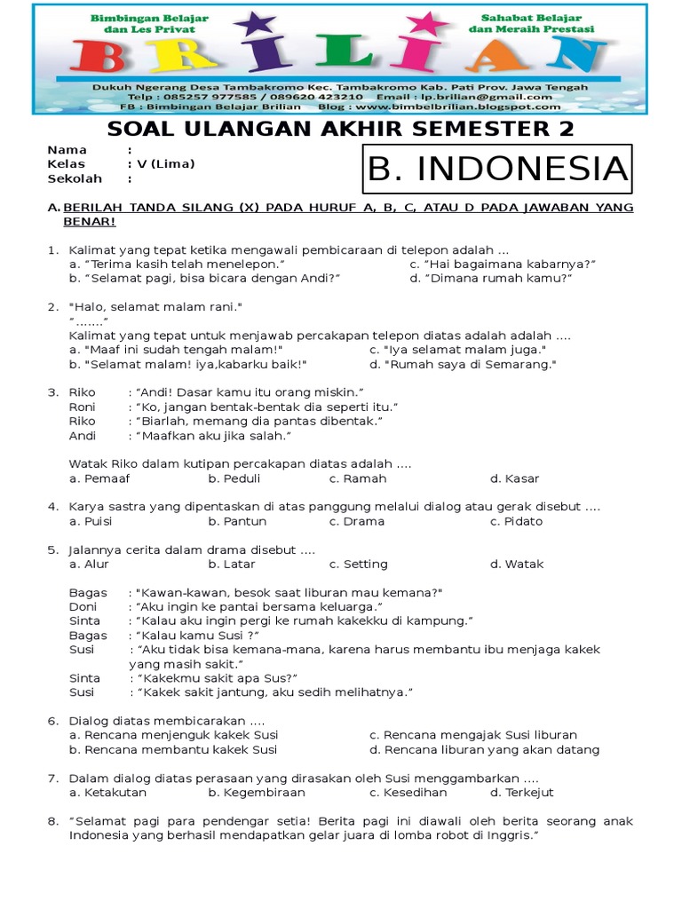 Download Gratis Soal Bahasa Indonesia Kelas 5 Semester 2 KTSP 2006 Word Terbaru Download Gratis Soal Bahasa Indonesia Kelas 5 Semester 2 KTSP 2006 Word Terbaru