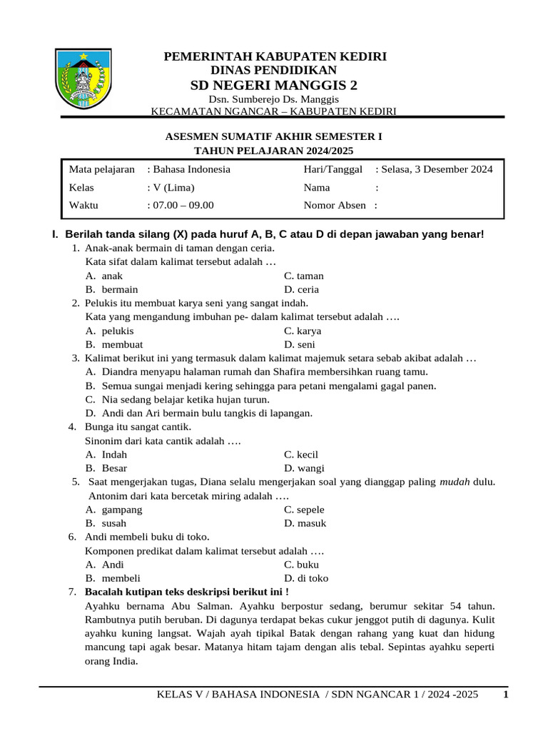 Latihan soal bahasa indonesia kelas 5 semester 2 pilihan ganda agar lulus ujian Latihan soal bahasa indonesia kelas 5 semester 2 pilihan ganda agar lulus ujian