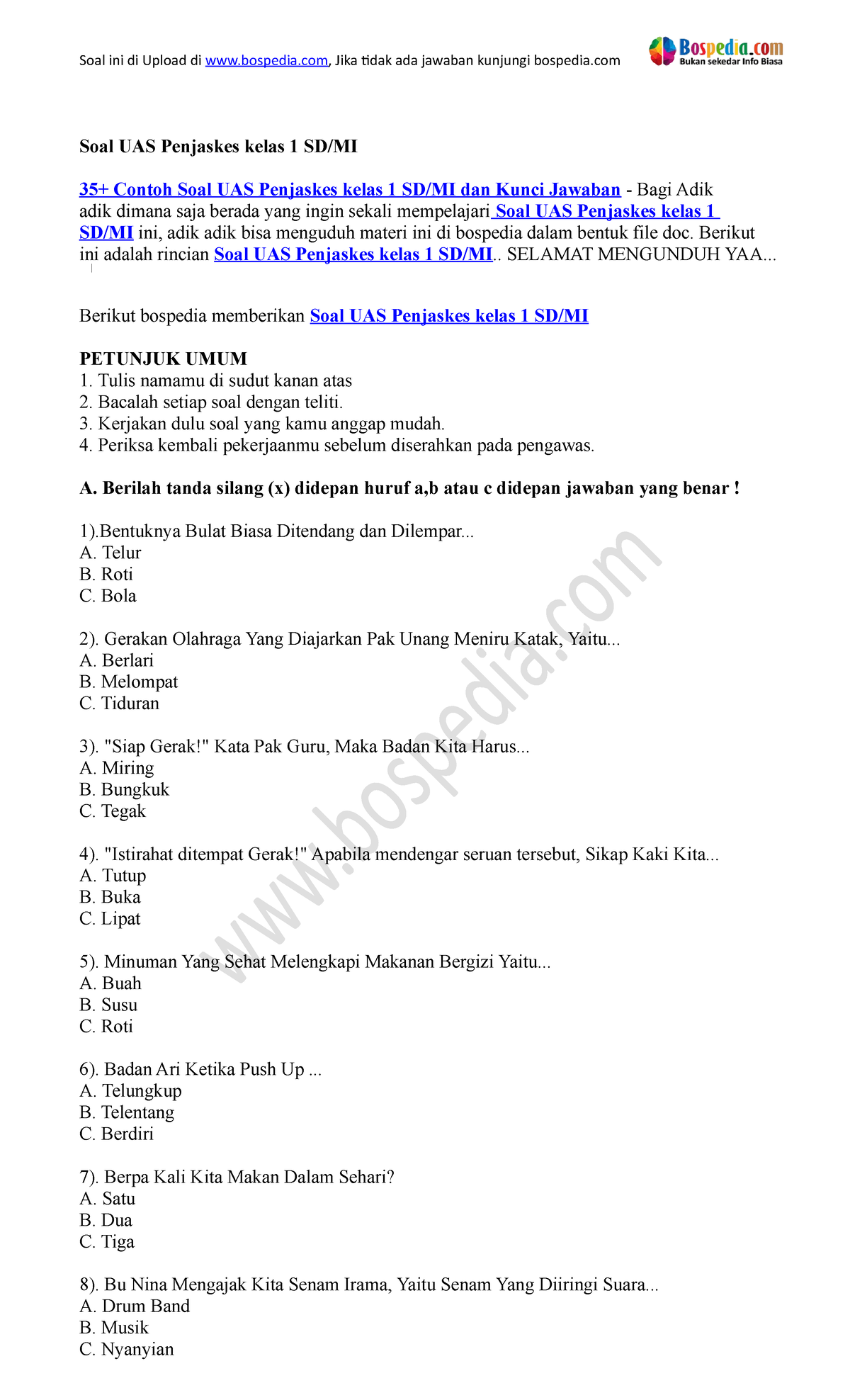 Wajib Tahu! Ini Bocoran Contoh Soal Mid Penjasorkes Kelas 1 SD Semester 2 Terbaru Wajib Tahu! Ini Bocoran Contoh Soal Mid Penjasorkes Kelas 1 SD Semester 2 Terbaru